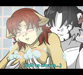 anthro bath black_bars blush bodily_fluids breast_fondling breast_play breasts bubble convenient_censorship crying duo eyes_closed female fondling hair hand_on_breast leucistic male male/female red_hair shower tears text water christopherlee christopherlee_(character) likemaniac_(character) domestic_cat felid feline felis mammal pantherine tiger letterbox subtitled