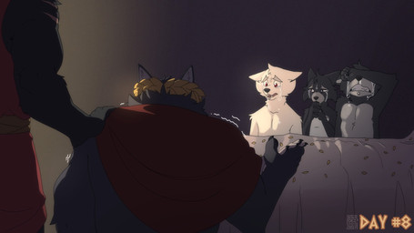 age_difference anthro bedding blanket bodily_fluids cape clothing comforting crying death female fur grey_body grey_fur group hand_on_shoulder male older_male piercing purple_eyes red_clothing red_eyes robe sad scar tears tragedy white_body white_fur wreath young young_anthro young_female young_male soradezwolfox adastra adastra_(series) echo_project amicus_(adastra) cassius_(adastra) cato_(adastra) potes_(adastra) virginia_(adastra) canid canine canis mammal wolf 16:9 2024 hi_res widescreen father_(lore) father_and_child_(lore) mother_(lore) parent_(lore) parent_and_child_(lore)