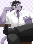 anthro beard black_bottomwear black_clothing black_hair black_pants blush bottomwear clothing dress_pants dress_socks facial_hair fur hair male pants pecs purple_body purple_fur shirt sideburns sitting solo topwear white_clothing white_hair white_shirt white_topwear fugur6_fugur9 lifewonders live_a_hero tsuneaki felid mammal pantherine 3:4 hi_res