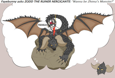 anthro ask_blog bangs big_horn black_body black_fur black_hair claw_marks claws clothing crossover_ship curved_horn dialogue dress ear_ribbon female fist flute fur hair happy_smile horn interspecies long_ears male male/female membrane_(anatomy) membranous_wings musical_instrument open_mouth open_smile raised_arm red_clothing red_dress ribbon_hair riding_on_back riding_on_head rock sharp_teeth smile spiked_tail spiked_wings spikes spikes_(anatomy) spread_wings tail teeth thick_thighs thought_bubble wind_instrument wings woodwind_instrument yellow_eyes thuparzipan xingzuo_temple fan_character zhima_(diives) goo_creature mammal mouse murid murine rodent ruiner_nergigante crossover hi_res story story_in_description