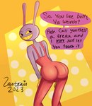 bent_over big_butt bulge butt clothing dialogue fur gloves handwear male overalls purple_body purple_fur simple_background smile solo suggestive_pose text yellow_background lewtrain glitch_productions the_amazing_digital_circus jax_(tadc) lagomorph leporid mammal rabbit 2023 absurd_res english_text hi_res