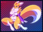 anthro bandai_namco big_breasts black_sclera blue_border border breasts canid digimon digimon_(species) digital_media_(artwork) featureless_breasts featureless_crotch female gf hi_res mammal mostly_nude renamon simple_background solo thick_thighs