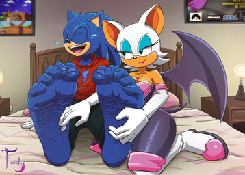 anthro barefoot bat_wings blue_body clothed clothing duo feet female laugh male membrane_(anatomy) membranous_wings open_mouth soles tickling tickling_feet toes wings fharalys sega sonic_the_hedgehog_(series) rouge_the_bat sonic_the_hedgehog bat eulipotyphlan hedgehog mammal hi_res