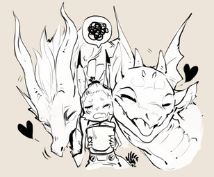 ambiguous_gender anthro brown_background bucket clothed clothing container eyes_closed group heart_symbol horn kemono open_mouth open_smile simple_background smile snout teeth tongue unknown_artist mythology dragon mammal mythological_creature mythological_scalie scalie letterbox source_request