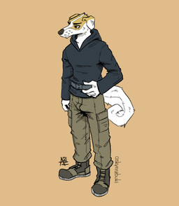 anthro belt belt_buckle boots bottomwear buckle clothing ears_down footwear fur hand_on_belly male pants pivoted_ears shoes solo sweater tail topwear white_body white_fur white_tail yellow_body yellow_fur mawkvlt hi_res