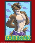 anthro arm_tuft black_nose blue_background border brown_body brown_fur clothed clothing convention_badge copyright_notice copyright_symbol diamond_shape elbow_tuft eyebrows fur green_eyes green_text hands_behind_back head_tuft male muscular muscular_male navel open_mouth pecs purple_clothing purple_swimwear red_background round_ears sharp_teeth simple_background smile solo swimwear symbol tail tail_tuft tan_body tan_fur teal_border teeth teeth_showing text tongue_showing topless tuft website_url whiskers yellow_text cooner fairbank fish mammal marine mustelid otter 2011 character_badge_(artwork) character_name english_text