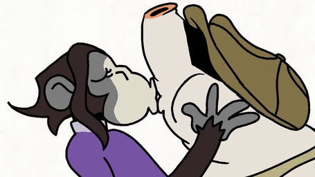 anthro clothing duo fur grey_body grey_fur hat hat_over_eyes headgear headwear kissing male male/male shirt size_difference tank_top toony topwear white_body white_fur chesnaughtfan deadlock_(game) valve krill_(deadlock) mo_(deadlock) eulipotyphlan haplorhine mammal mole_(animal) monkey primate 16:9 2d_animation animated frame_by_frame no_sound short_playtime video widescreen