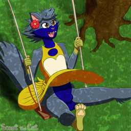 animal_genitalia anthro balls blue_body blue_fur brown_eyes clothed clothing cute_fangs dress eyelashes fangs femboy flower_accessory flower_on_head fully_sheathed fur genitals grass grey_body grey_fur male no_underwear pawpads paws plant sheath smile solo swing swinging teeth tree upskirt yellow_body yellow_clothing yellow_fur scoutthecat02 scout_the_cat_(character) domestic_cat felid feline felis mammal 1:1 hi_res