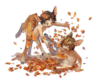 animal_ears autumn_leaves brown_body brown_fur brown_hair duo fur hair happy hooves leaf male nude nude_taur playing quadruped simple_background white_background young mullmull deer deer_taur humanoid_taur mammal mammal_taur taur