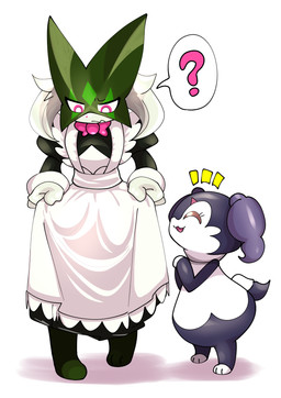 alternative_fashion ambiguous_gender anthro clothing duo female fur goth gothic_lolita green_body green_fur horn j-fashion lolita_(fashion) maid_uniform mask open_mouth open_smile pink_eyes pink_nose purple_body purple_tail simple_background smile tail uniform white_background white_body meowscaradameow nintendo pokemon generation_8_pokemon generation_9_pokemon indeedee meowscarada pokemon_(species) 2026 hi_res
