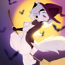 anthro breasts broom broom_riding brown_body butt cleaning_tool clothing collar female hat headgear headwear holding_broom holding_cleaning_tool holding_clothing holding_hat holding_headgear holding_headwear holding_object holidays looking_at_viewer looking_back moon multicolored_body nipples pawpads paws rear_view red_eyes solo spiked_collar spikes white_body witch_hat 4m4i halloween hellaverse helluva_boss mythology loona_(helluva_boss) bat canid canid_demon canine demon hellhound mammal mythological_canine mythological_creature 1:1 absurd_res hi_res sketch