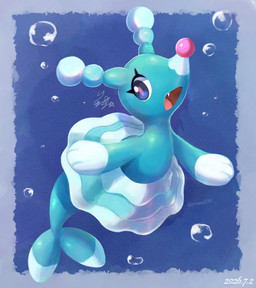ambiguous_gender blue_body blue_eyes blue_tail feral open_mouth simple_background solo tail ryuma210 nintendo pokemon brionne generation_7_pokemon pokemon_(species) 2026 dated full-length_portrait hi_res portrait