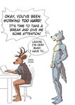 2021 absurd_res anthro antlers balls beastars canid canine canis cervine chair clothed clothing computer deer desk dialogue duo electronics english_text ffog flaccid foreskin furniture genitals hand_on_hip hi_res horn humanoid_genitalia humanoid_penis laptop legoshi_(beastars) louis_(beastars) male mammal navel nude penis red_deer shirt simple_background sitting standing table text topwear white_background wolf yelling