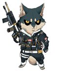 anthro ar-15 assault_rifle canada canadian_flag chibi clothed clothing gun m26_mass male maple_leaf military ranged_weapon rifle simple_background solo standing weapon white_background yoshi.kaoru blue_byte_(game_developer) rainbow_six rainbow_six:_siege tom_clancy's_(series) ubisoft buck_(rainbow_six) canid canine canis mammal wolf