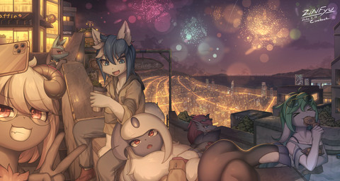 :3 >_< amazing_background ambiguous_gender anthro anthrofied beverage black_body black_fur black_skin blue_eyes blue_hair bridge building cellphone city cityscape claws clothed clothing cloud container crossed_arms crossed_legs cup detailed_background ears_down eating electronics eyes_closed eyewear eyewear_on_head female fireworks fluffy food footwear fully_clothed fur gesture glasses green_hair grin group hair hand_gesture holding_container holding_cup holding_food holding_object holding_phone horn jacket legwear light long_hair looking_at_another looking_at_viewer lying male mountain neck_tuft night on_back open_mouth open_smile outside phone pivoted_ears plant pokemorph red_eyes red_hair sea selfie shirt shoes shrub sign sitting sky skyscraper smile standing star starry_sky store street street_lamp sunglasses sunglasses_on_head text thigh_highs tongue topwear tuft v_sign water white_body white_fur white_hair window zinfyu nintendo pokemon lute_(zinfyu) sakura_hichuena absol bovid canid canine canis caprine generation_3_pokemon generation_4_pokemon generation_5_pokemon lucario mammal pokemon_(species) sheep wolf zoroark 2020 absurd_res detailed digital_media_(artwork) english_text hi_res lighting shaded signature