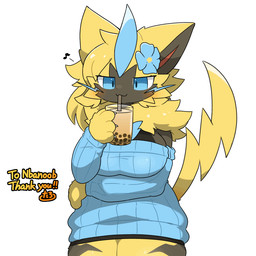 4_fingers anthro biped blue_eyes breasts claws clothed clothed_anthro clothed_female clothing female finger_claws fingers front_view fur simple_background smile solo standing tail white_background yellow_body yellow_fur yellow_tail tontaro nintendo pokemon aurora_(nbanoob) generation_7_pokemon legendary_pokemon pokemon_(species) zeraora 1:1 2026 animated digital_drawing_(artwork) digital_media_(artwork)