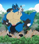 anthro big_muscles blue_body blue_fur bulge clothing duo fur genitals grey_body grey_fur macro male male/male muscular muscular_male penis size_difference speedo swimwear kokoro-doll nintendo pokemon sirus canid canine fox generation_4_pokemon lucario mammal pokemon_(species) hi_res