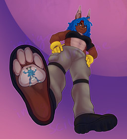4_toes anthro barefoot black_clothing black_coded blue_clothing blue_eyes blue_hair boots bottomwear breasts brown_body brown_fur clothed clothing dominant dreadlocks duo ear_piercing ear_ring extreme_size_difference feet female foot_fetish foot_focus foot_play footwear fur gloves grey_clothing hair handwear inside_clothing inside_shoe insole larger_anthro larger_female looking_down low-angle_view macro male male/female micro navel pants pawpads paws piercing plantigrade ring ring_piercing shirt shoes simple_background size_difference smaller_anthro smaller_male smile soles stepped_on stomping toes topwear trapped_in_clothing trapped_in_shoe worm's-eye_view yellow_clothing indidae terra_(omniibuzz) canid canine canis lagomorph leporid mammal rabbit hi_res