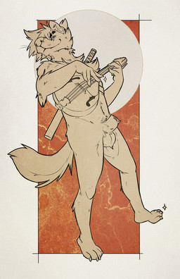 animal_genitalia anthro balls ear_piercing gauged_ear genitals holding_mandolin holding_musical_instrument holding_object holding_string_instrument humanoid_hands looking_at_viewer looking_down looking_down_at_viewer lute male mandolin melee_weapon musical_instrument nude_anthro nude_male on_one_leg piercing playing_music plucked_string_instrument rock_out_with_your_cock_out sheath smug smug_face solo sparkles standing string_instrument sword sword_on_back tail weapon wolfscented acacia_(wolfscented) canid canine canis mammal wolf digital_drawing_(artwork) digital_media_(artwork) english_description hi_res sketch