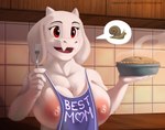 absurd_res anthro apron apron_aside apron_only areola big_breasts blue_apron blue_clothing boss_monster_(undertale) bovid breasts caprine clothing collarbone counter eyelashes female food fur fur_fangs gastropod goat hi_res holding_food holding_fork holding_object holding_pie horn huge_breasts kitchen long_ears looking_ahead mammal mature_anthro mature_female mollusk nipple_dip nipples nude pastry pie pink_areola pink_nipples red_eyes shelf snail solo speech_bubble spotty_the_cheetah standing steam tile tile_wall toriel undertale_(series) wall_(structure) white_body white_fur