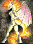 anthro biped breasts butt female fire hooves looking_at_viewer membrane_(anatomy) membranous_wings nipples nude side_boob solo standing tail wings ayame_emaya mythology dragon equid equine horse hybrid mammal mythological_creature mythological_scalie scalie