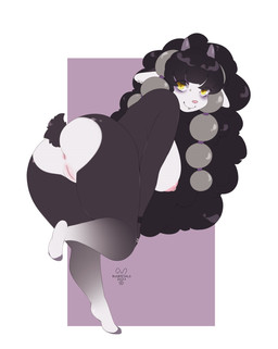 2_horns alternative_fashion anthro anus areola bent_over big_breasts big_butt biped black_body black_fur black_hair breasts butt ear_piercing eyelashes eyelashes_through_hair eyeshadow facial_piercing female fur genitals goth gradient_legs grey_hair grey_horn hair horn long_hair looking_at_viewer looking_back looking_back_at_viewer makeup nipple_piercing nipples nude nude_anthro nude_female on_one_leg piercing pink_areola pink_nipples pink_nose pokemorph presenting presenting_anus presenting_hindquarters presenting_vulva rear_view solo standing tail text thick_thighs three-quarter_view translucent translucent_hair vulva white_body white_fur yellow_eyes bunpetals nintendo pokemon bovid caprine generation_8_pokemon mammal pokemon_(species) wooloo 2023 absurd_res artist_name dated full-length_portrait hi_res portrait source_request