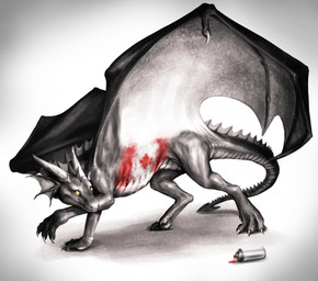 ambiguous_gender black_body black_scales black_wings ear_frill feral frill_(anatomy) frill_ridge grey_body grey_frill grey_horn grey_wings horn mouth_closed paint pupils quadruped scales side_view slit_pupils solo spade_tail spray_paint tail tail_frill unsigned white_body white_wings wings khyaber mythology morghus dragon mythological_creature mythological_scalie scalie full-length_portrait portrait