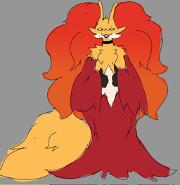 :3 anthro empty_eyes fur gesture grey_background hand_gesture open_:3 open_mouth red_body red_fur simple_background smile solo tail thumbs_up white_body white_fur yellow_body yellow_fur yellow_tail sweguin nintendo pokemon char_(sweguin) delphox generation_6_pokemon pokemon_(species) full-length_portrait hi_res portrait