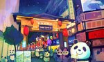 anthro arch beverage black_body black_fur bubble_tea building chibi city clothing crowd fur group hat headgear headwear night outside plant sky slightly_chubby smile star starry_sky street tree white_body white_fur araru bear giant_panda mammal 2020 absurd_res hi_res