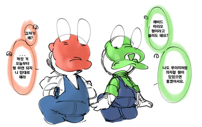 2_fingers anthro backwards_hat bandage bandaged_arm bent_legs black_facial_hair black_mustache blue_clothing blue_overalls clothed clothed_anthro clothed_male clothing crouching dialogue duo ellipsis facial_hair fingers fully_clothed fully_clothed_anthro fully_clothed_male green_clothing green_hat green_headwear green_shirt green_topwear hat headgear headwear light long_ears lute male male_anthro mandolin musical_instrument mustache number overalls plucked_string_instrument red_clothing red_hat red_headwear shaded_sketch shirt shirtless_anthro shirtless_male simple_background speech_bubble string_instrument talking_to_another text toothpick topwear white_background white_body bam_ml mario_bros mario_plus_rabbids_kingdom_battle mario_plus_rabbids_sparks_of_hope nintendo raving_rabbids rayman_(series) ubisoft rabbid_luigi rabbid_mario lagomorph mammal rabbid 2023 colored_sketch crossover digital_drawing_(artwork) digital_media_(artwork) hi_res korean_description korean_text lighting shaded sketch translation_request