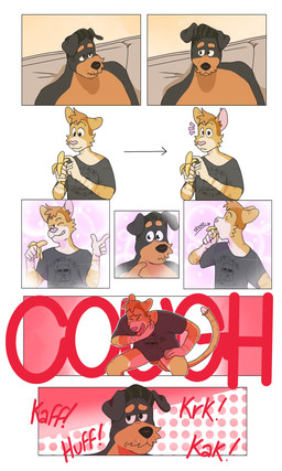 age_difference anthro asphyxiation balls banana barely_visible_genitalia barely_visible_penis black_body black_fur black_hair black_nose bottomless bottomless_anthro bottomless_male brown_body brown_fur bubble choking clothed clothing cough duo finger_gun food fruit fur genitals gesture grey_stubble hair hand_gesture looking_over male male_anthro mature_anthro mature_male mohawk one_eye_closed peeling_banana penis pink_nose plant pointing pointing_at_self shirt striped_body striped_fur stripes suggestive suggestive_food tail tan_body tan_fur topless topless_anthro topless_male topwear white_body white_fur white_hands wink p_rindustries chuck_(p_rindustries) will_(p_rindustries) canid canine canis dobermann domestic_cat domestic_dog felid feline felis mammal pinscher 2025 3:5 comic hi_res