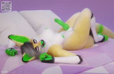 animal_genitalia animal_penis anthro bed bed_sheet bedding breasts canine_genitalia canine_penis furniture genitals gynomorph intersex intersex_anthro nipples paws penis qr_code smile smirk conditional_dnp ev3d kazoo_(character) canid canine fennec_fox fox mammal true_fox 3d_(artwork) digital_media_(artwork) hi_res