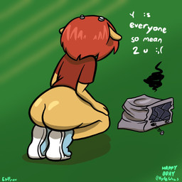 amplifier anthro big_butt bottomless butt clothed clothing crouching dialogue female footwear hair horn rear_view red_hair shirt shoes solo text topwear theenfman parappa_the_rapper sony_corporation sony_interactive_entertainment um_jammer_lammy lammy_lamb bovid caprine mammal sheep 1:1 english_text hi_res