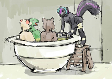 anthro black_body black_fur blue_hair bowl broth container food fur green_body green_skin grey_body grey_fur group hair imminent_vore inside looking_at_another male male/male nude nude_male open_mouth partially_submerged purple_body purple_fur raised_tail smile soaking soup standing stepladder tail white_body white_fur jeri_kleinlowe mammal mephitid mouse murid murine rodent scalie skunk 2012 colored guide_lines