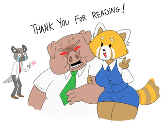 4_fingers anthro anthro_on_anthro arm_in_arm belly big_breasts black_body black_bottomwear black_clothing black_ears black_eyebrows black_eyes black_fur black_nose black_pants black_text blue_bottomwear blue_clothing blue_skirt blue_topwear blue_vest bodily_fluids bottomwear breasts brown_body brown_clothing brown_footwear brown_fur brown_inner_ear brown_shoes brown_tail cheek_tuft closed_frown clothed clothed_anthro clothed_female clothed_male clothing crying empty_eyes eyebrows eyelashes facial_tuft female female_anthro fingers floppy_ears flower folded_ears footwear frown fur gesture green_necktie grey_body grey_fur grey_inner_ear_fluff grey_tail group hand_gesture holding_flower holding_object inner_ear_fluff jealous long_sleeves male male/female male_anthro markings moobs mouth_closed multicolored_body multicolored_fur necktie obese obese_anthro obese_male open_mouth orange_body orange_fur orange_tail overweight overweight_anthro overweight_male pants pink_body pink_ears pink_eyebrows pink_flower pink_skin plant red_eyes red_necktie ring_(marking) ringed_tail sad sharp_teeth shirt shoes short_sleeves skirt standing striped_markings striped_tail stripes sweat sweaty_face tail tail_markings tears teeth text topwear trio tuft two_tone_tail ugly_bastard v_sign vest white_body white_clothing white_ears white_eyebrows white_fur white_shirt white_topwear wide_eyed dedreds aggretsuko sanrio director_ton haida_(aggretsuko) retsuko ailurid domestic_pig hyena mammal red_panda spotted_hyena suid suine sus_(pig) 2026 english_text handwritten_text hi_res