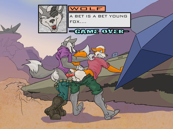 anal anal_penetration animal_genitalia animal_penis anthro balls bet biceps bottomwear bottomwear_down butt canine_genitalia canine_penis clothed clothing countershading crash dialogue dipstick_tail duo erection from_behind_position game_over gameplay_mechanics genitals gui header header_box knot knotted_penis lost_bet male male/male male_penetrated male_penetrating male_penetrating_male markings muscular pants pants_down partially_clothed penetration penis rock sex shallow_penetration ship spacecraft standing tail tail_markings text text_box vehicle watercraft furfragged nintendo star_fox fox_mccloud wolf_o'donnell canid canine canis fox mammal wolf digital_media_(artwork) english_text