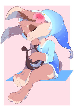 anthro clothed clothing crescent_moon_(marking) female flower_on_head fur harp hat headgear headwear markings moon_(marking) multicolored_body multicolored_fur musical_instrument nightcap nodding pajama_shirt partially_clothed paws plucked_string_instrument simple_background solo string_instrument tan_body tan_fur two_tone_body two_tone_fur perfectlynormal fan_character pooka 2:3 absurd_res digital_media_(artwork) hi_res