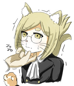 ambiguous_gender anthro ascot blonde_hair blush bodily_fluids clothed clothing dress_jacket duo ear_tuft eyewear female glasses hair sweat text tuft whiskers yellow_eyes yorunoyoru07 hitoner miss_tonerico domestic_cat felid feline felis human mammal 2024 digital_media_(artwork) hi_res japanese_text translation_request