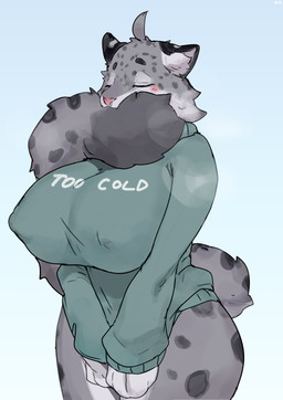 anthro big_breasts biped blue_eyes blush blush_lines bottomless breasts cheek_tuft clothed clothing eyes_closed facial_tuft female fluffy fluffy_tail front_view fur grey_body grey_fur grey_spots huge_breasts inner_ear_fluff markings nipple_outline pink_nose runny_nose simple_background solo spots spotted_body spotted_fur standing sweater sweater_only tail text thick_thighs topwear topwear_only tuft white_background wide_hips buta99 felid mammal pantherine snow_leopard 2026 absurd_res digital_drawing_(artwork) digital_media_(artwork) english_text hi_res portrait three-quarter_portrait