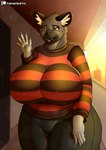 big_breasts big_butt black_lips breasts butt clothing crossgender fangs female huge_breasts lips lower_lip overweight solo sweater teeth topwear palmarianfire aggretsuko sanrio haida_(aggretsuko) hyena mammal spotted_hyena hi_res