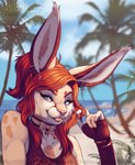 anthro beach blep blue_eyes brown_body brown_fur chest_tuft ear_piercing ear_ring ear_tuft female front_view fur glistening glistening_eyes hair inner_ear_fluff long_ears outside palm_tree piercing pink_neckwear pink_nose pink_tongue plant playing_with_hair red_hair ring_piercing seaside solo tan_body tan_ears tan_fur text tongue tongue_out tree tuft wavy_hair white_body white_fur white_inner_ear_fluff rayliicious tira_orion domestic_cat felid feline felis hybrid lagomorph leporid mammal rabbit artist_name bust_portrait portrait url