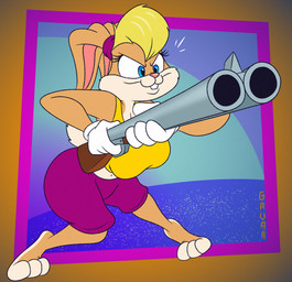 abstract_background anthro blonde_hair bottomwear breasts buckteeth cheek_tuft cleavage clothed clothing ears_tied_back facial_tuft female forced_perspective fur gloves gun hair handwear midriff multicolored_body pink_nose ranged_weapon shirt shorts shotgun solo tan_body tan_fur tank_top teeth toony topwear tuft two_tone_body weapon wide_hips gavanzude looney_tunes warner_brothers lola_bunny lagomorph leporid mammal rabbit alternate_version_at_paywall digital_drawing_(artwork) digital_media_(artwork) hi_res signature