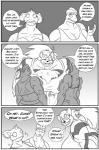 anthro arcanine big_breasts big_muscles bra breasts clock-face clothed clothing comic english_text female generation_1_pokemon group hi_res huge_breasts huge_muscles hyper hyper_breasts hyper_muscles machoke monochrome muscular nidoqueen nintendo pokemon pokemon_(species) standing text underwear