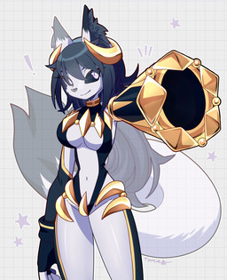 aiming_at_viewer anthro arm_cannon black_hair black_tail_tip breasts cannon clothing dipstick_tail exclamation_point featureless_breasts female fingerless_gloves gloves hair handwear looking_at_viewer markings navel pointy_ears purple_eyes ranged_weapon simple_background solo star tail tail_markings topwear weapon weapon_arm white_body white_tail txmie elore_the_fox_(bonjolasermaster) canid canine fox mammal hi_res