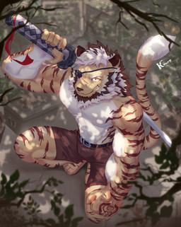5_fingers anthro barefoot belt_buckle biceps big_muscles biped bottomwear branch brown_bottomwear brown_clothing brown_hair brown_shorts brown_stripes buckle claws clothed clothed_anthro clothed_male clothing countershade_arms countershade_torso countershading crouching detailed_background eye_patch eyebrows eyewear feet finger_claws fingers front_view fur hair hand_tattoo head_scar high-angle_view holding_katana holding_melee_weapon holding_object holding_sword holding_weapon katana leaf looking_at_viewer looking_up looking_up_at_viewer male markings melee_weapon mouth_closed multicolored_body muscular muscular_anthro muscular_male neck_tuft one_eye_obstructed plantigrade scar shorts snout solo striped_arms striped_legs striped_markings striped_tail stripes sword tail tail_markings tan_body text topless topless_anthro topless_male tuft two_tone_body weapon white_body white_countershading white_eyebrows white_fur white_hair white_sclera kuromonsart felid mammal pantherine tiger 2022 absurd_res artist_name colored dated digital_media_(artwork) digital_painting_(artwork) english_text full-length_portrait hi_res painting_(artwork) portrait