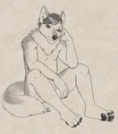 anthro looking_at_viewer male scruffy sitting solo thinking thoughtful_expression mosa sabbyth canid canine canis mammal wolf hi_res line_art monochrome