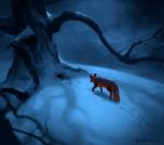 ambiguous_gender detailed_background feral fur light moonlight night orange_body orange_fur plant shadow snow solo tree walking civetstranj canid canine fox mammal 2019 signature