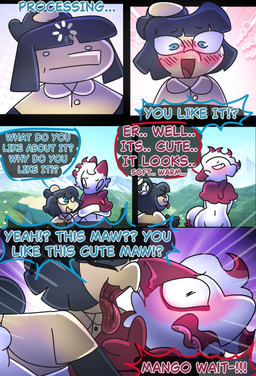 ambiguous_gender blue_eyes blush blushing_profusely dialogue flustered fur licking text tongue tongue_out white_body white_fur yellow_body halfpricesouls nintendo pokemon mango_(halfpricesouls) zoro_(halfpricesouls) generation_1_pokemon generation_3_pokemon generation_8_pokemon hisuian_form hisuian_zorua mawile pokemon_(species) regional_form_(pokemon) snorlax absurd_res comic english_text hi_res male_(lore)