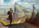 anthro atmospheric_perspective cliff clothing cloud detailed_background female front_view hooves horn landscape melee_weapon nature outside polearm road scenery sculpture solo staff statue walking weapon tyler_jacobson hasbro magic:_the_gathering bovid caprine mammal satyr full-length_portrait official_art portrait