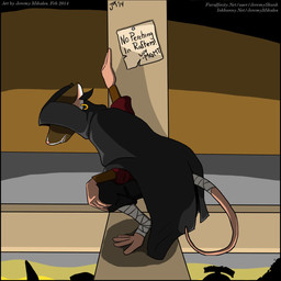 ambiguous_gender anthro bandage bandaged_foot bandaged_leg bandaged_tail brown_body brown_fur buckteeth character_signature cloak clothing crouching ear_piercing ear_ring fur hidden_eyes hiding hood note piercing ring_piercing silhouette solo teeth text jeremyskunk paizo pathfinder mammal murid murine rat ratfolk rodent 1:1 2014 artist_name colored dated english_text hi_res url female_(lore)